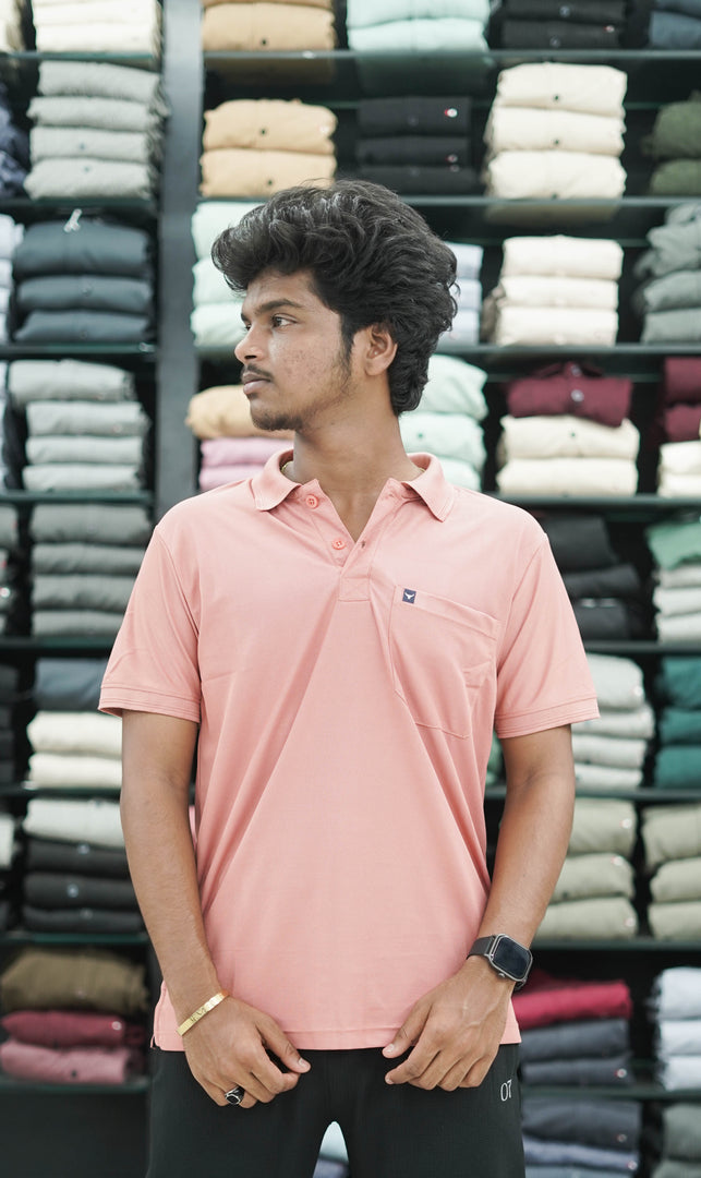 Short Sleeve Collar Neck Plain Polo Pocket Mens Tshirt - Peach