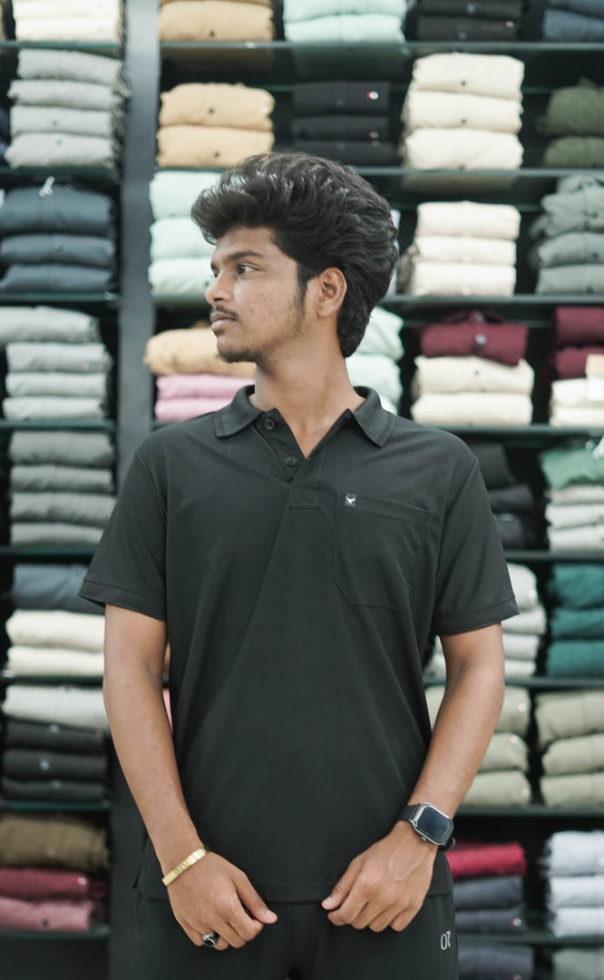 Short Sleeve Collar Neck Plain Polo Pocket Mens Tshirt - Black