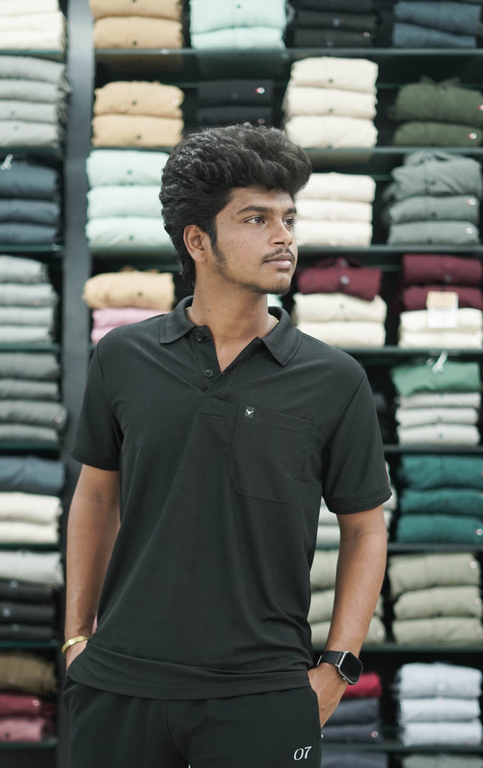 Short Sleeve Collar Neck Plain Polo Pocket Mens Tshirt - Black