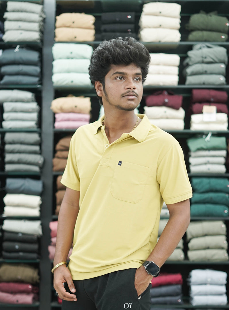 Short Sleeve Collar Neck Plain Polo Pocket Mens Tshirt - Yellow