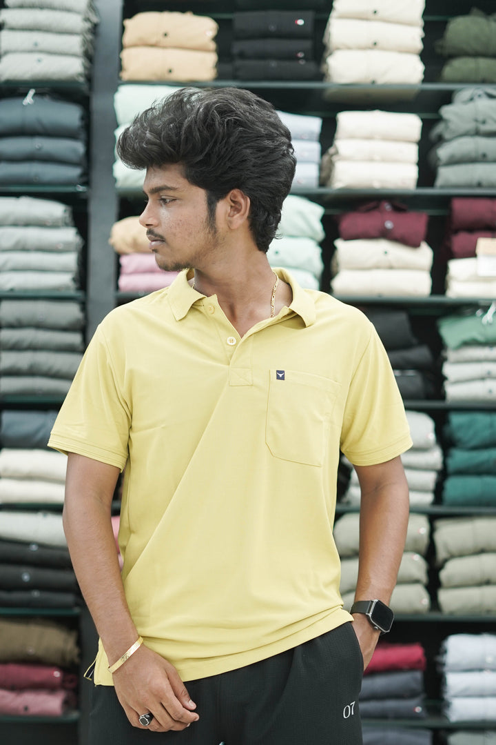 Short Sleeve Collar Neck Plain Polo Pocket Mens Tshirt - Yellow