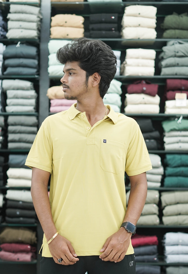 Short Sleeve Collar Neck Plain Polo Pocket Mens Tshirt - Yellow