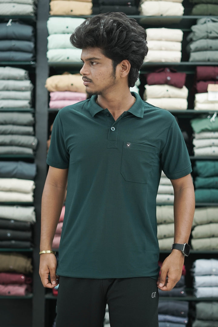 Short Sleeve Collar Neck Plain Polo Pocket Mens Tshirt - Green