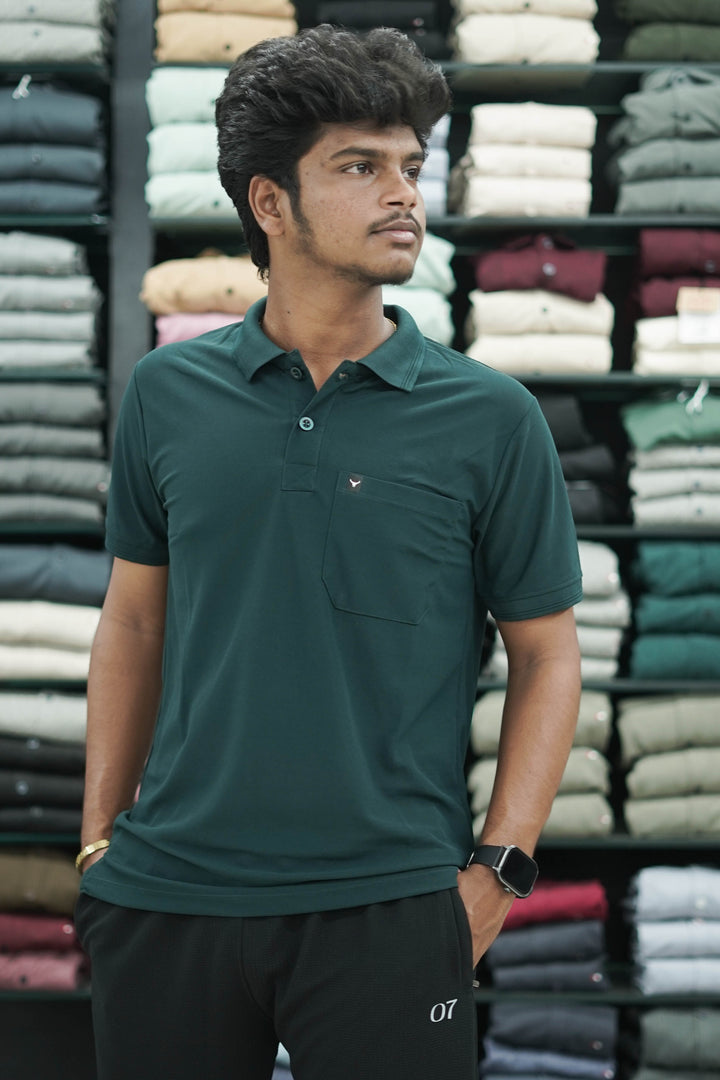 Short Sleeve Collar Neck Plain Polo Pocket Mens Tshirt - Green