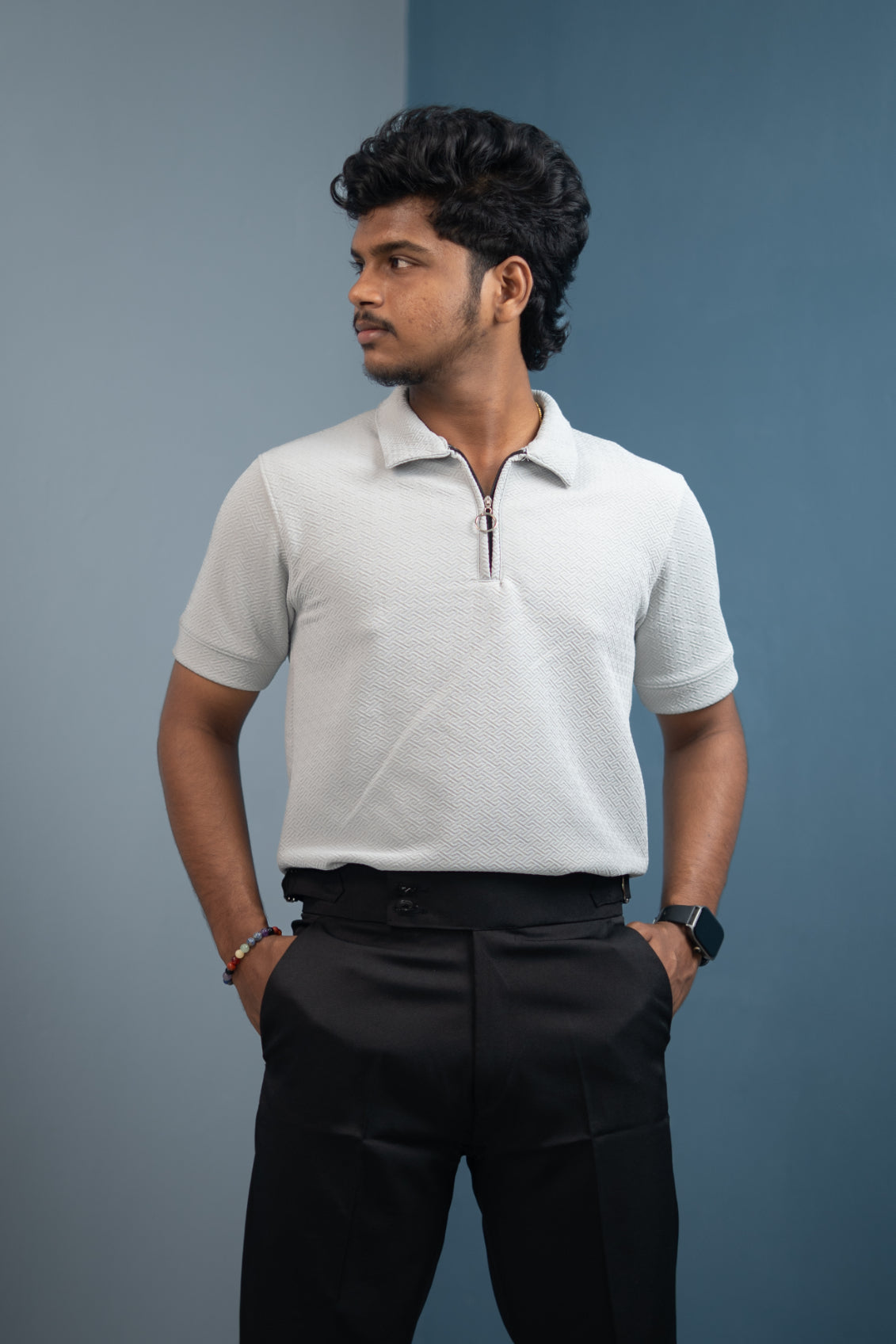 Buy Textured Old Money Polo Shirt for Men | Stylish Half Sleeve Zip Collar - Ash