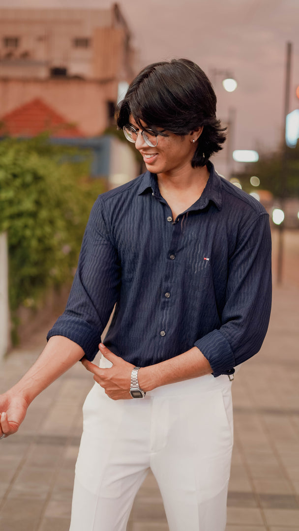 Mens Trendy Full Sleeve Plain Cotton Zig Zag Striped Shirt in Blue