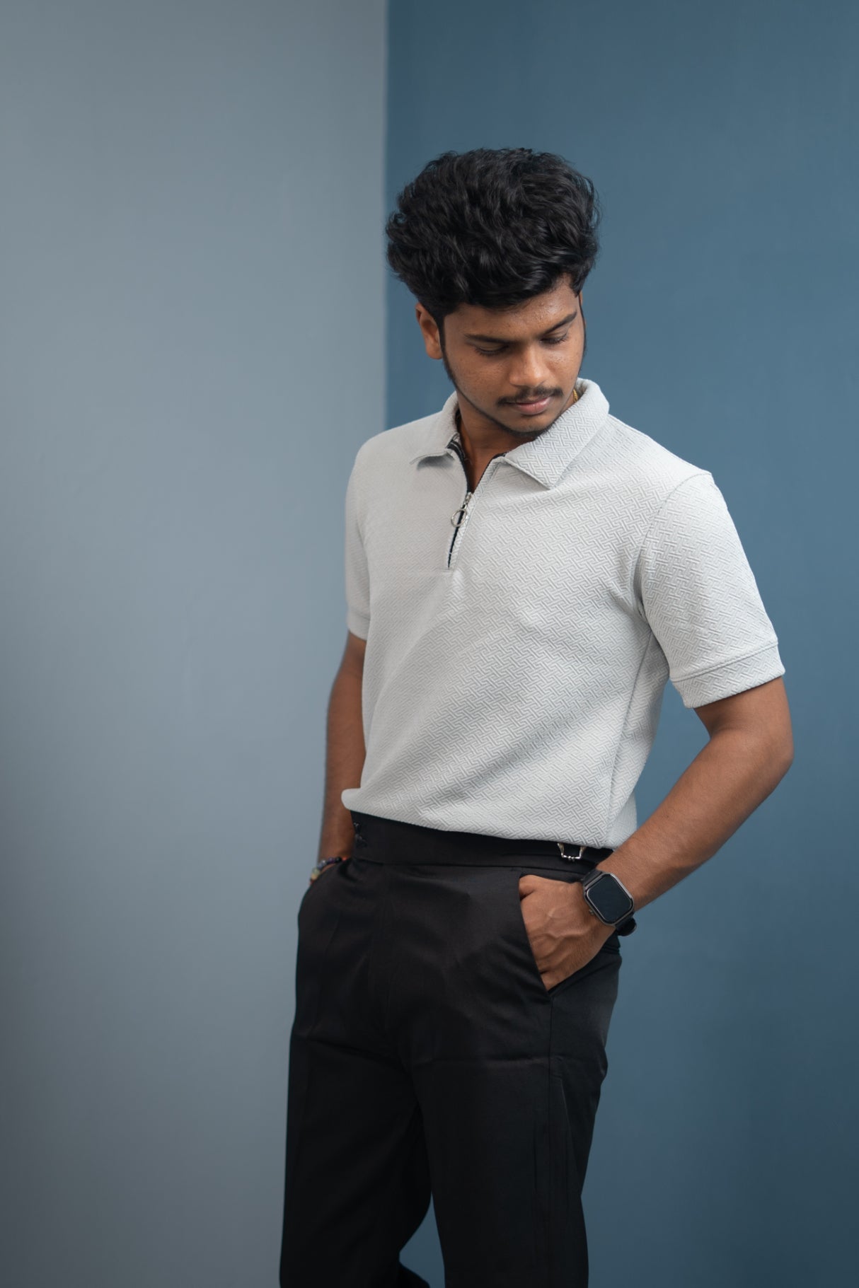 Buy Textured Old Money Polo Shirt for Men | Stylish Half Sleeve Zip Collar - Ash