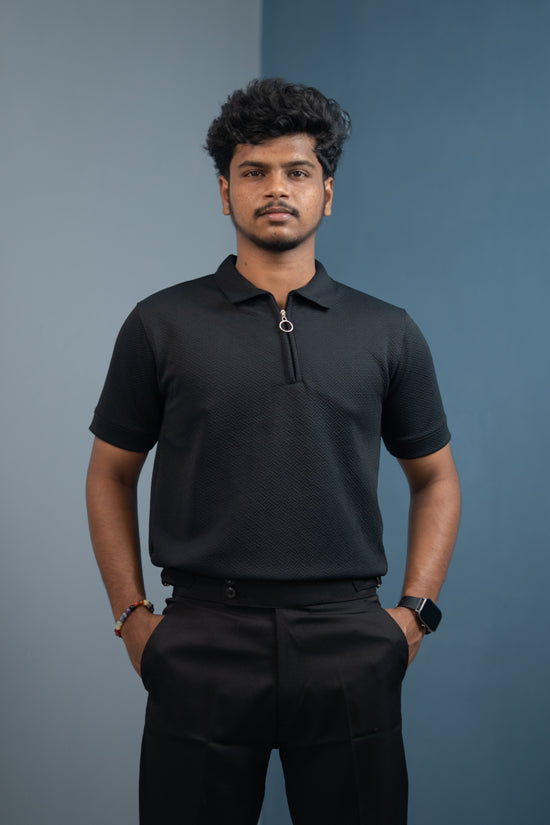 Buy Textured Old Money Polo Shirt for Men | Stylish Half Sleeve Zip Collar - Black