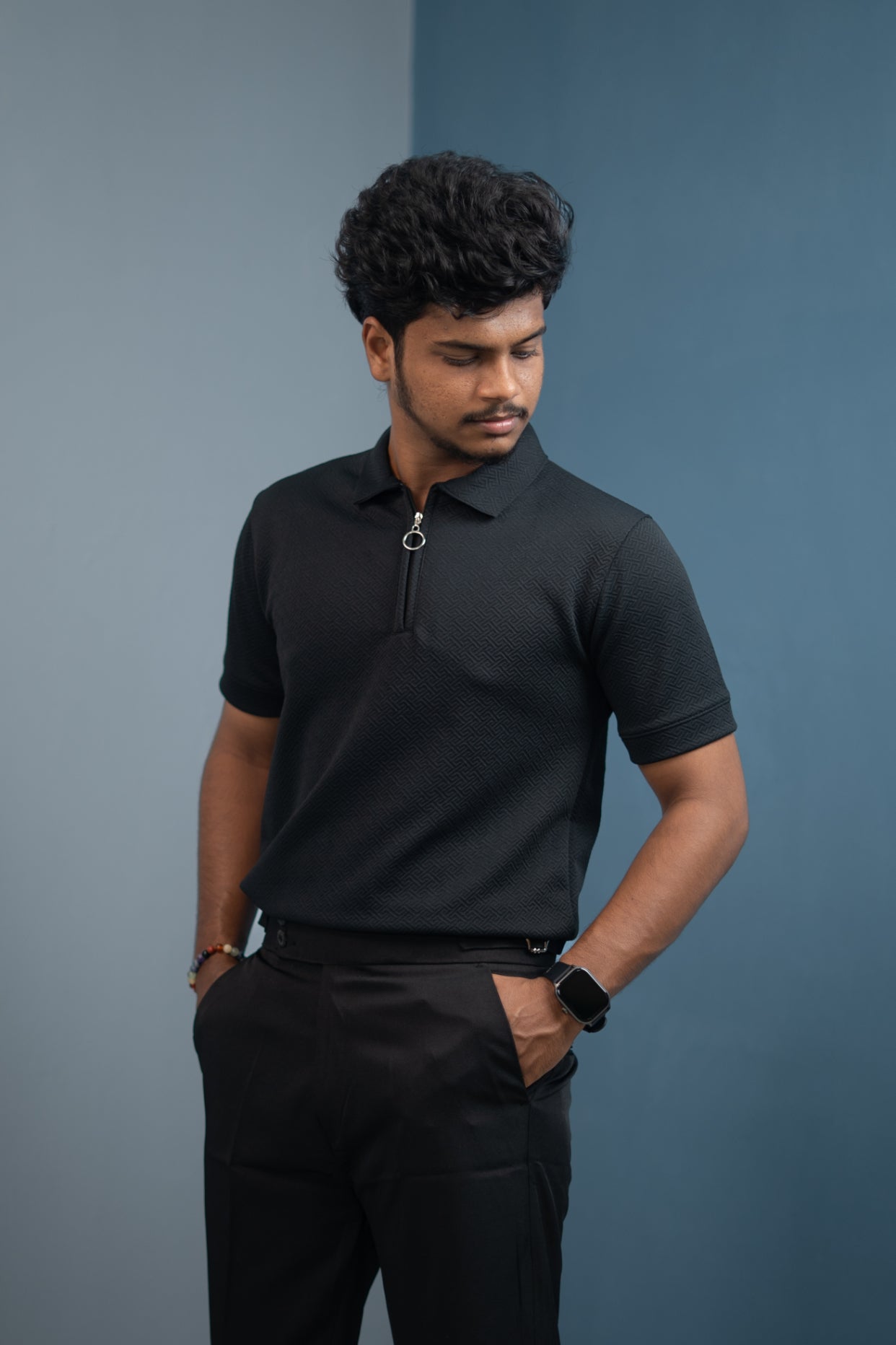 Buy Textured Old Money Polo Shirt for Men | Stylish Half Sleeve Zip Collar - Black