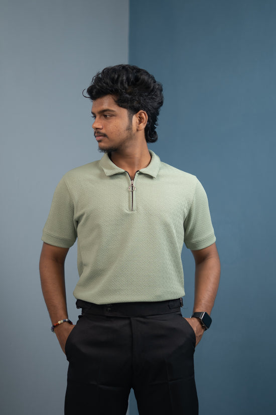 Buy Textured Old Money Polo Shirt for Men | Stylish Half Sleeve Zip Collar - Pista Green