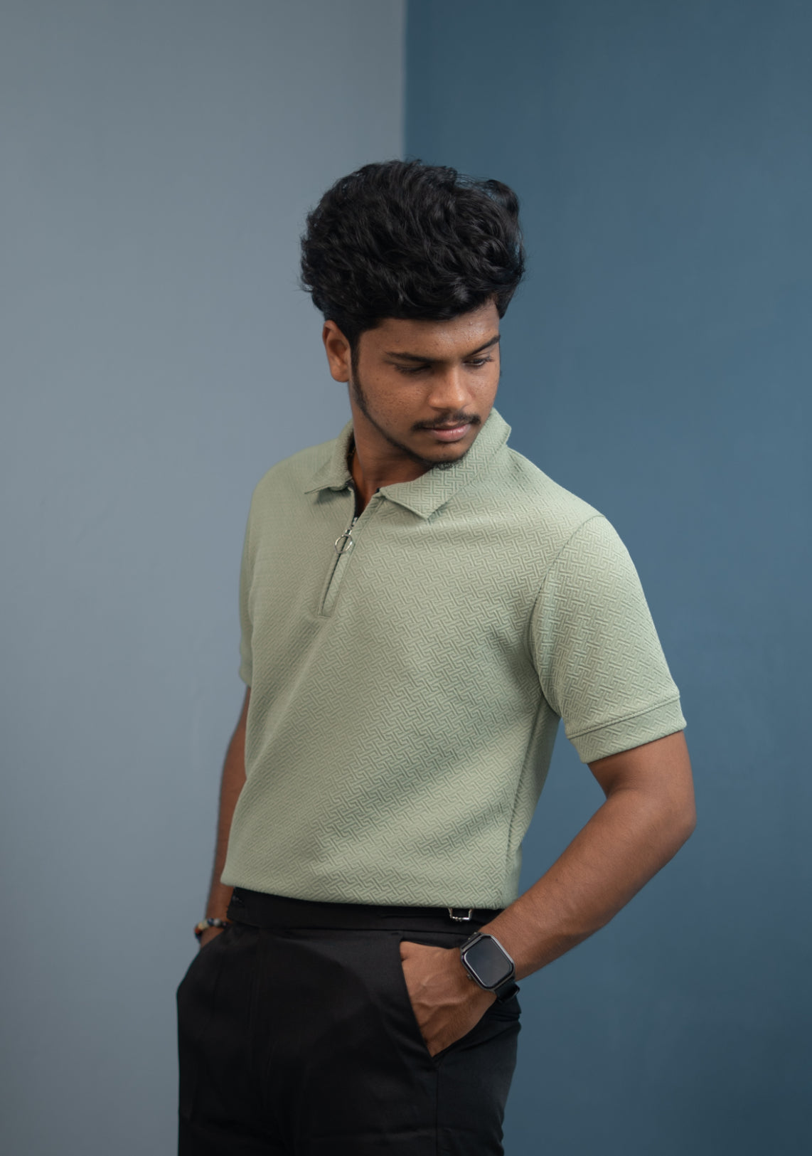 Buy Textured Old Money Polo Shirt for Men | Stylish Half Sleeve Zip Collar - Pista Green