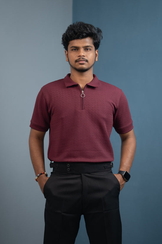 Buy Textured Old Money Polo Shirt for Men | Stylish Half Sleeve Zip Collar - Grape Shade