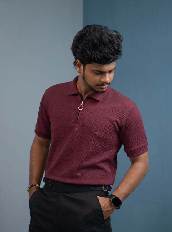 Buy Textured Old Money Polo Shirt for Men | Stylish Half Sleeve Zip Collar - Grape Shade