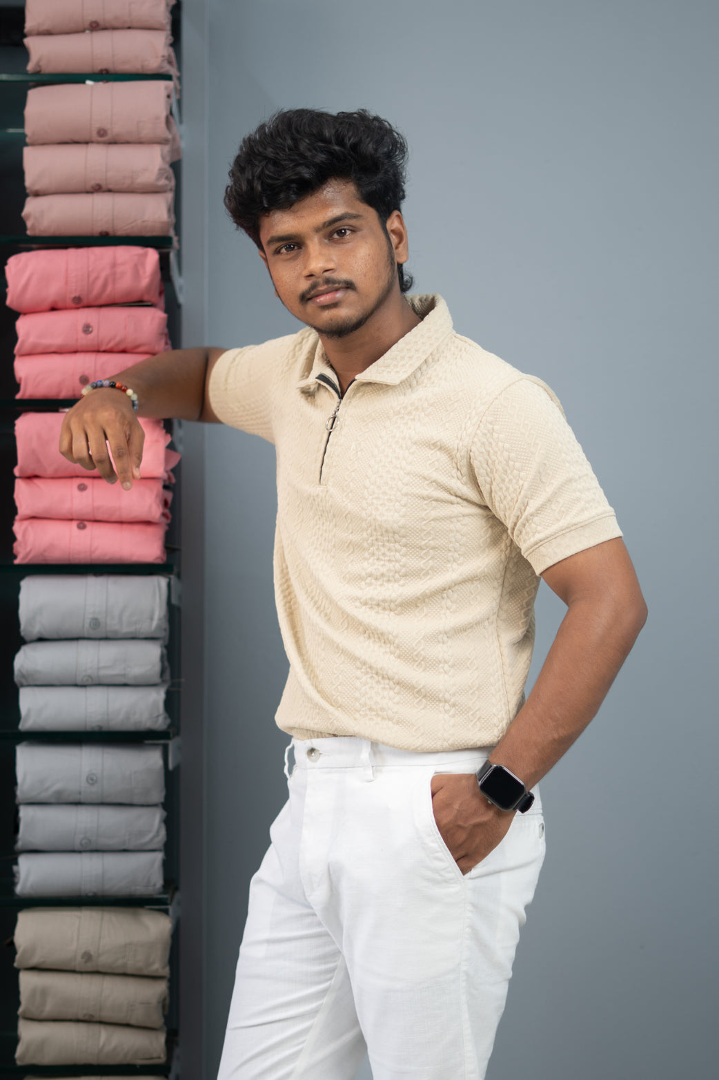 Textured Old Money Polo Shirt for Men | Premium Half Sleeve Zip Collar T-Shirt - Sandle
