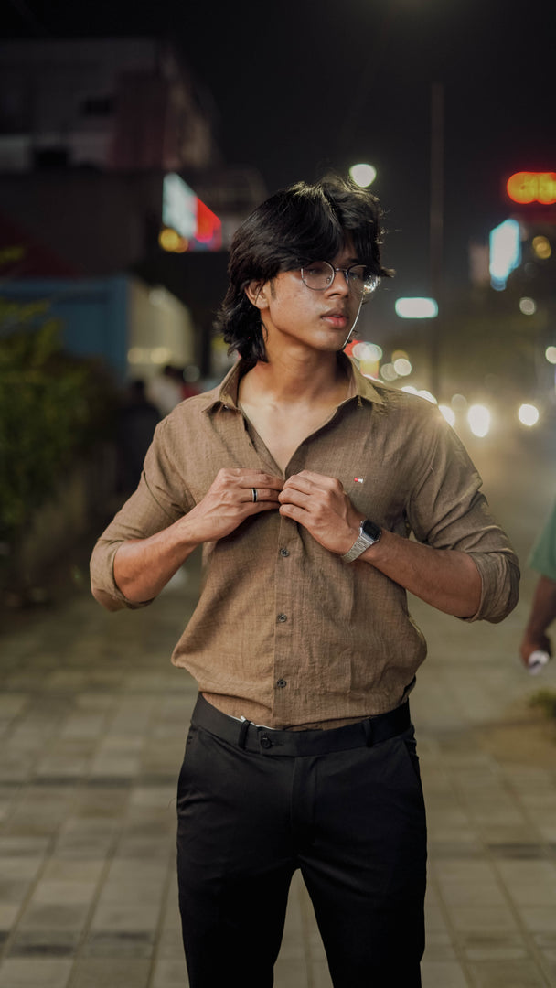 Full Sleeve Plain Cotton Shirt in Brown for Mens