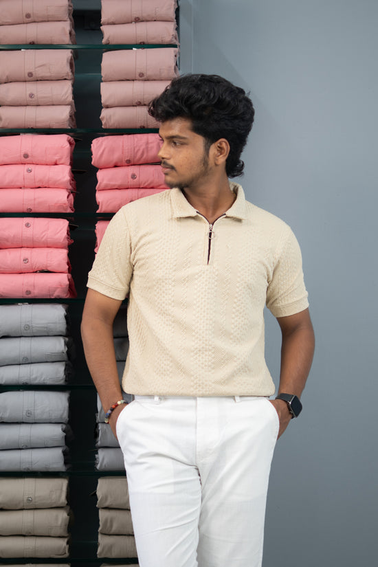 Textured Old Money Polo Shirt for Men | Premium Half Sleeve Zip Collar T-Shirt - Sandle