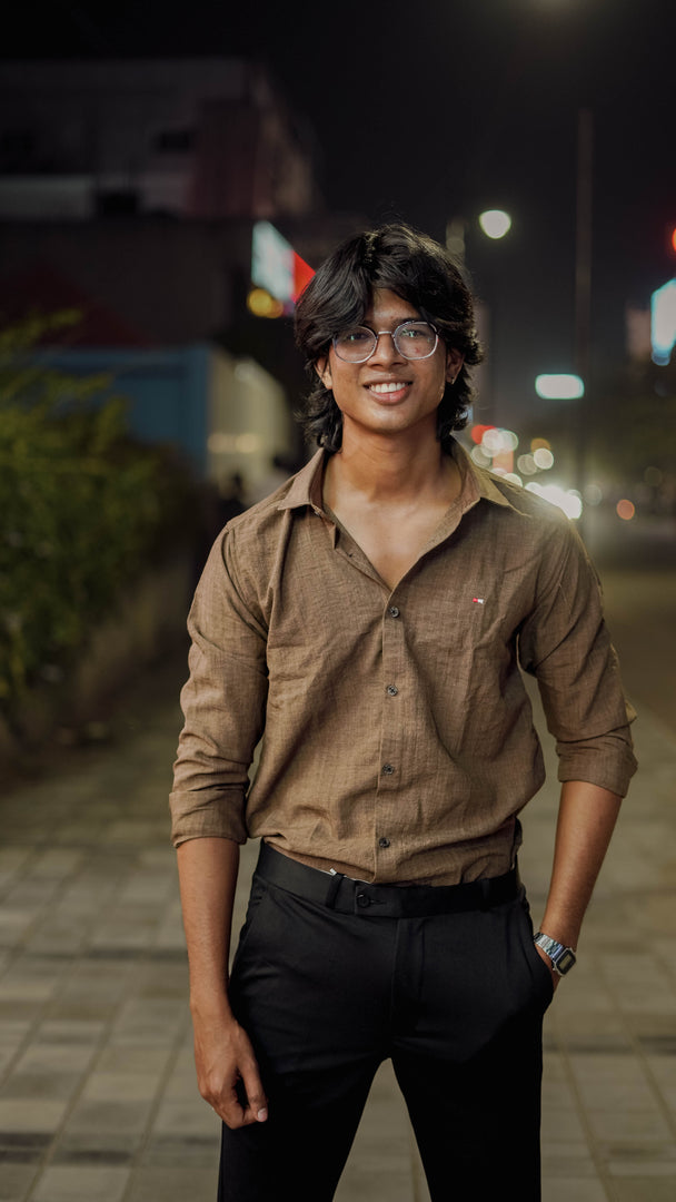 Full Sleeve Plain Cotton Shirt in Brown for Mens