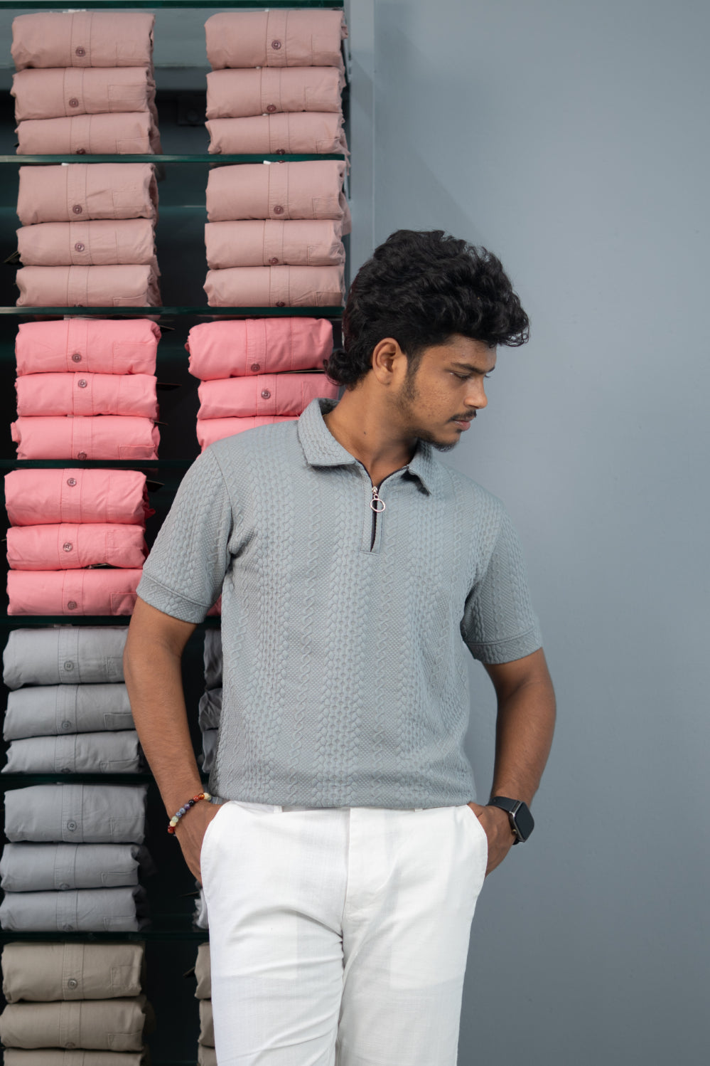 Textured Old Money Polo Shirt for Men | Premium Half Sleeve Zip Collar T-Shirt - Grey