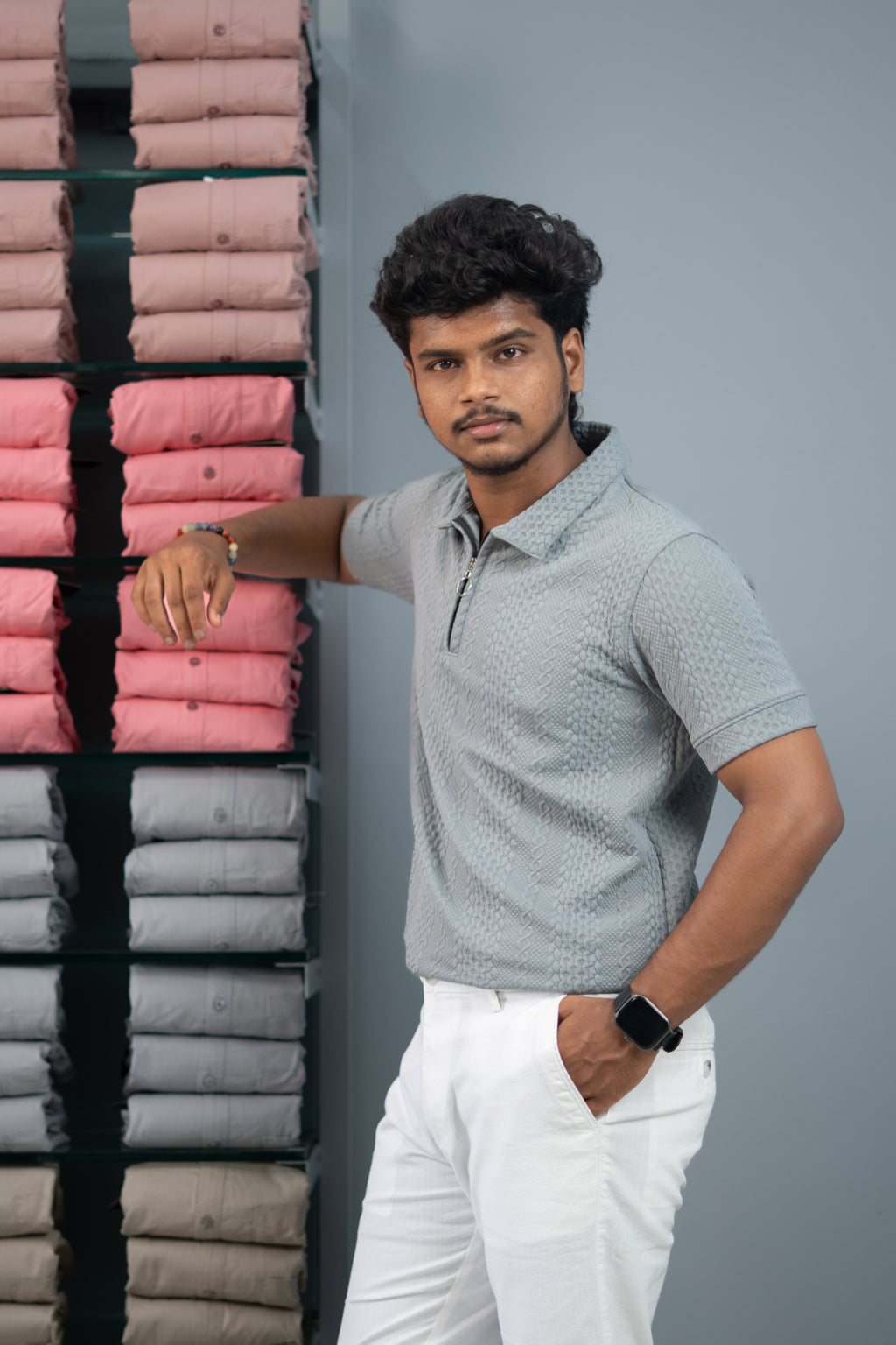 Textured Old Money Polo Shirt for Men | Premium Half Sleeve Zip Collar T-Shirt - Grey