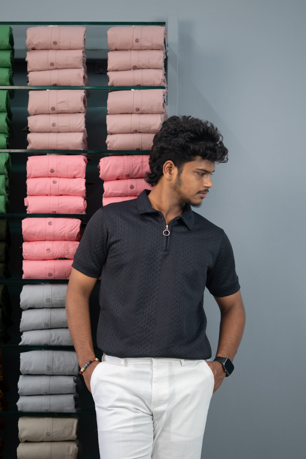 Textured Old Money Polo Shirt for Men | Premium Half Sleeve Zip Collar T-Shirt - Black