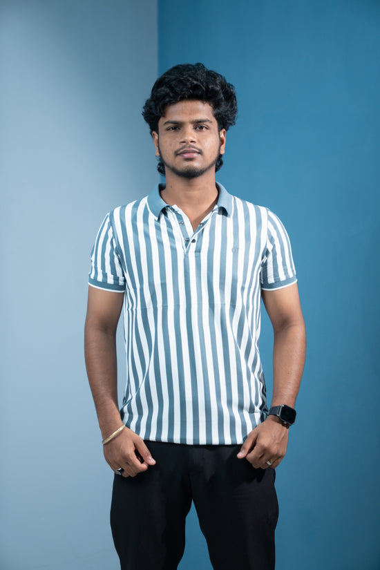 Short Sleeve Collar Neck Striped Korean Press Button for MenDark Grey mens trending streetwear India 7Man