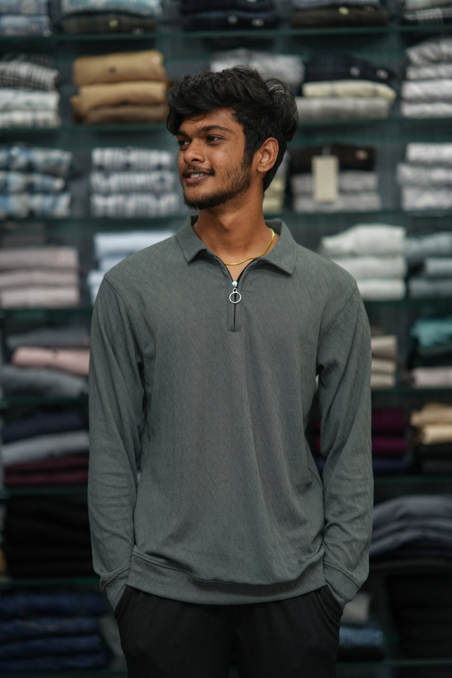 Men’s Full Sleeve Zip-Collar Sweater – Stylish Full Sleeve T-shirt - 3D Dimond Grey-7 Man