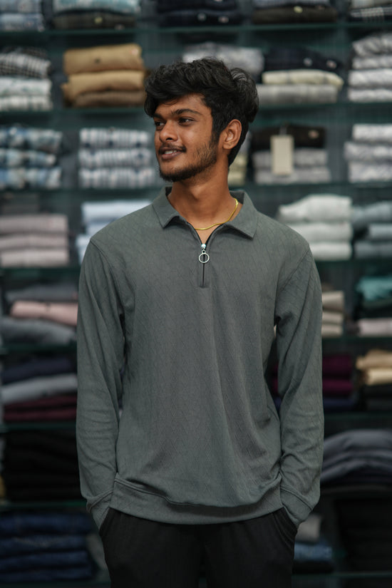 Men’s Full Sleeve Zip-Collar Sweater – Stylish Full Sleeve T-shirt - 3D Dimond Grey-7 Man