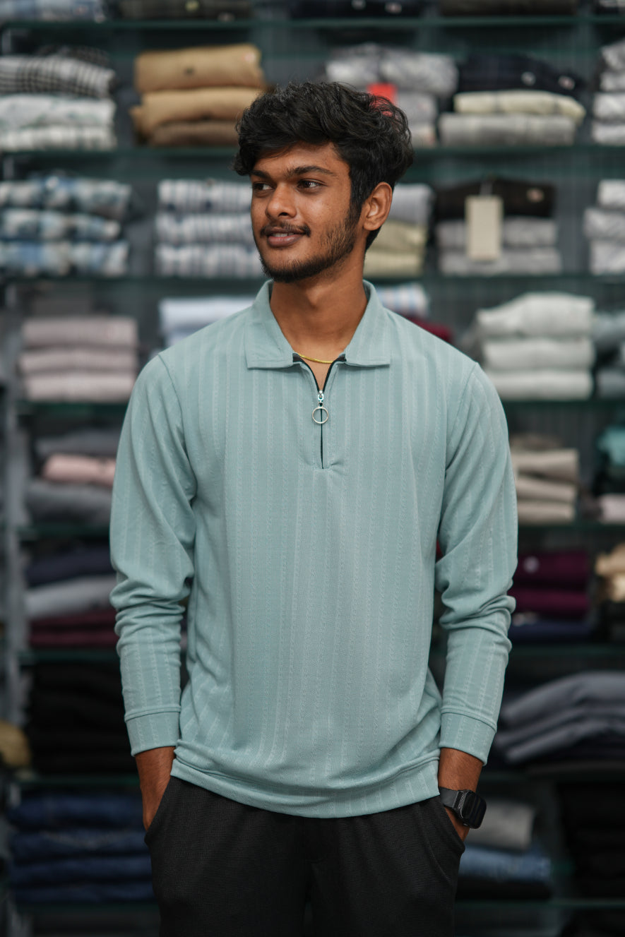 Men’s Full Sleeve Zip-Collar Sweater – Stylish Full Sleeve T-shirt - 3D Striped Mint Green-7 Man