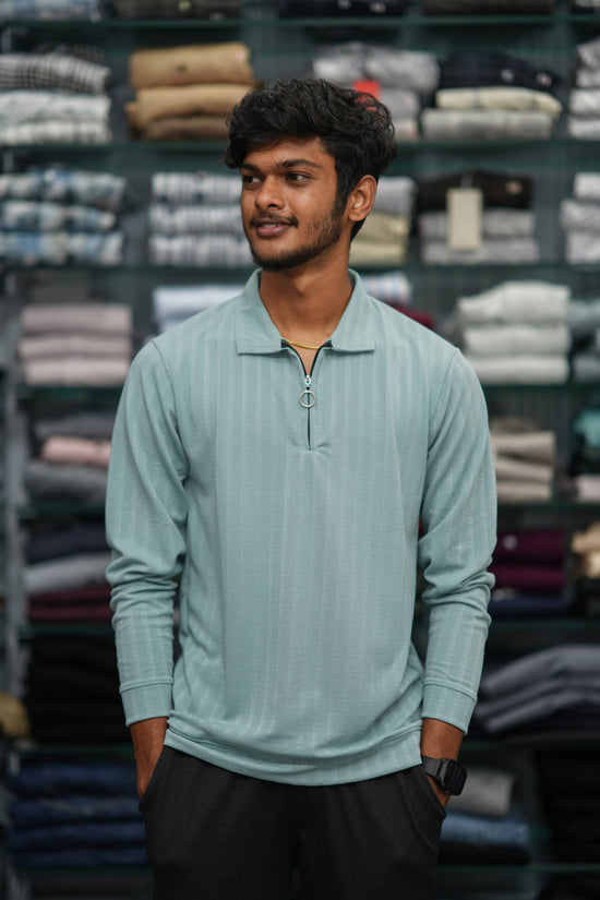 Men’s Full Sleeve Zip-Collar Sweater – Stylish Full Sleeve T-shirt - 3D Striped Mint Green-7 Man