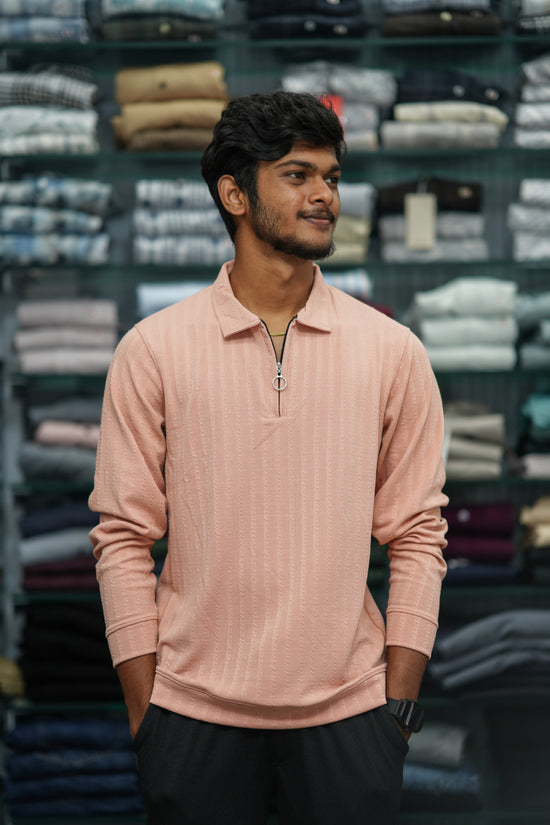 Men’s Full Sleeve Zip-Collar Sweater – Stylish Full Sleeve T-shirt - 3D Striped Peach-7 Man