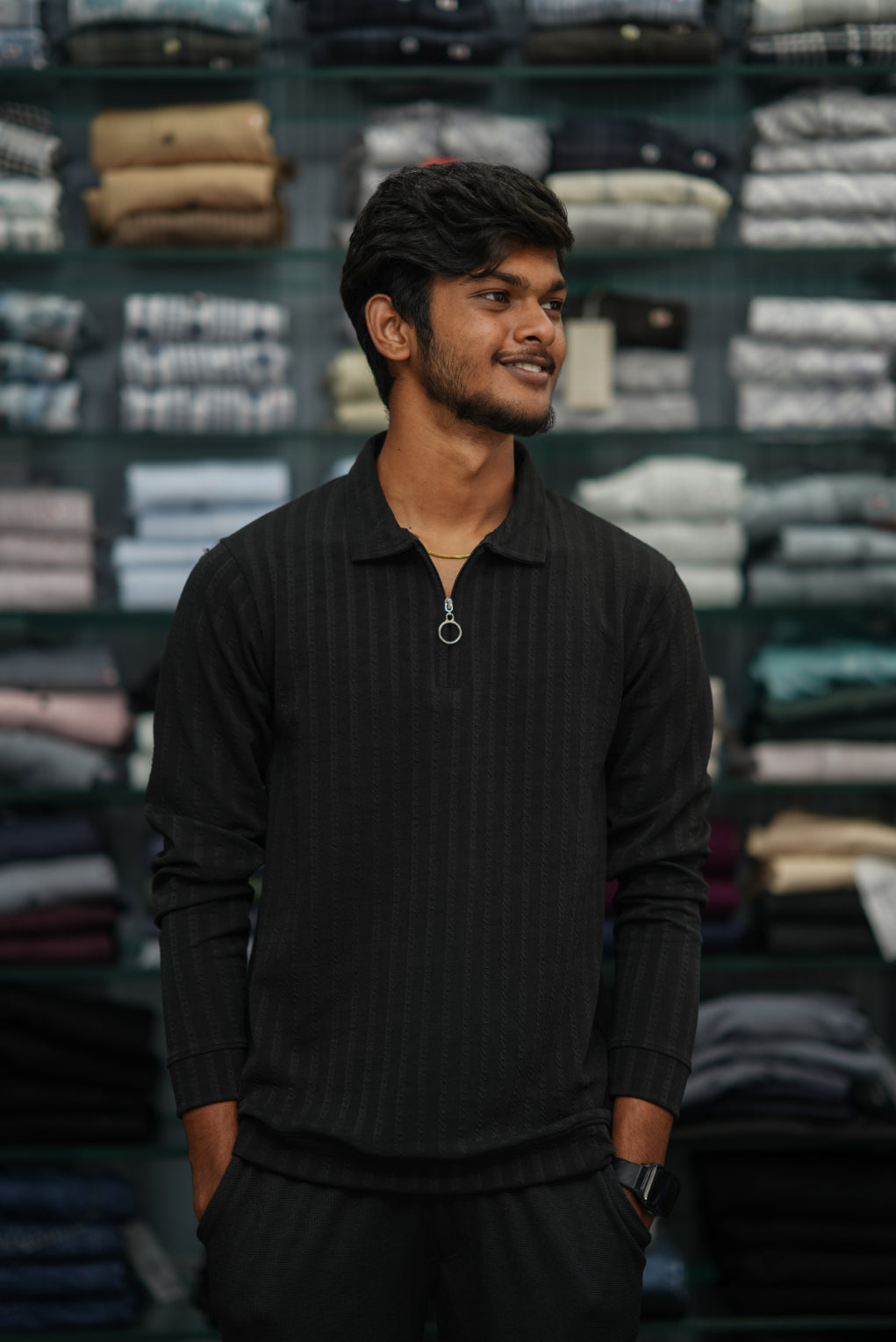 Men’s Full Sleeve Zip-Collar Sweater – Stylish Full Sleeve T-shirt - 3D Striped Black-7 Man