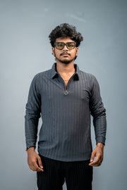 Unique Style Full Sleeve Striped Korean Zipper Tshirt-Grey