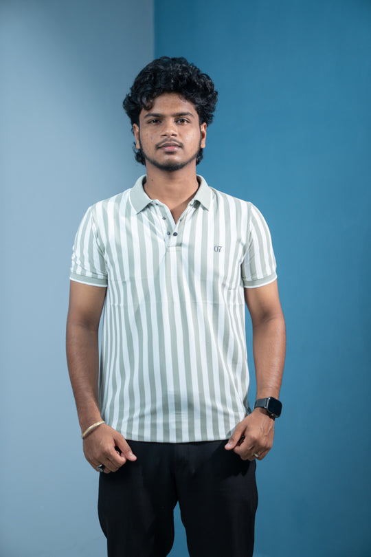 Short Sleeve Collar Neck Striped Korean Press Button for Men-Pista Green – alternate view – 7MAN India