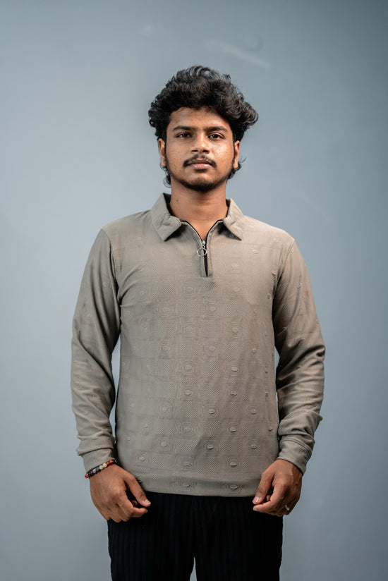 Premium Style Korean Zipper Circle Print Full Sleeve Tshirt for Men-Grey