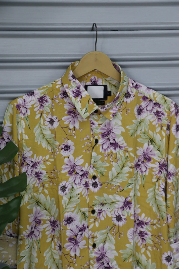 Men's Floral Printed Casual Shirt | Premium Full Sleeve Designer Shirt - Mustard Yellow