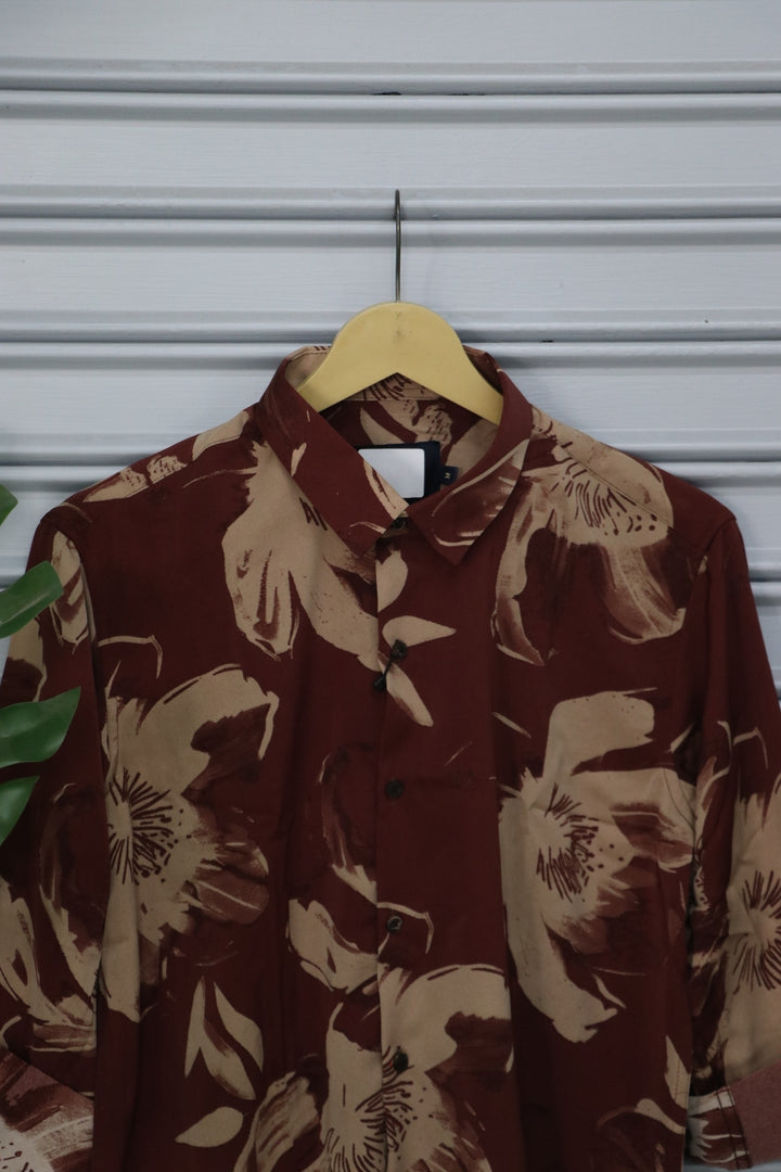 Men's Large Tropical Floral Printed Casual Shirt | Premium Full Sleeve Designer Shirt - Brown