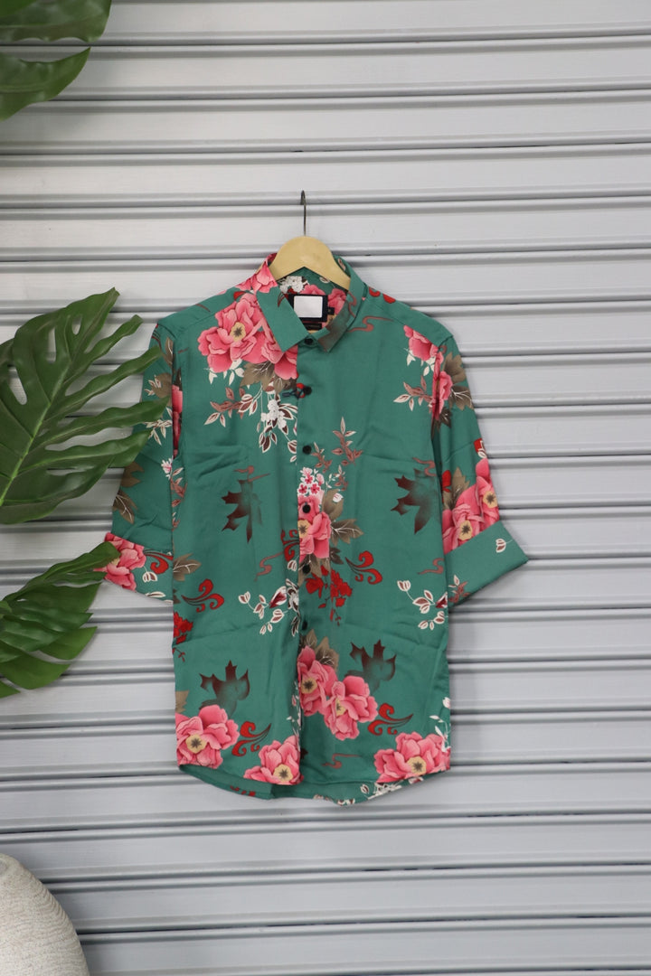 Men's Rose Floral Print Casual Shirt | Premium Full Sleeve Designer Shirt - Green