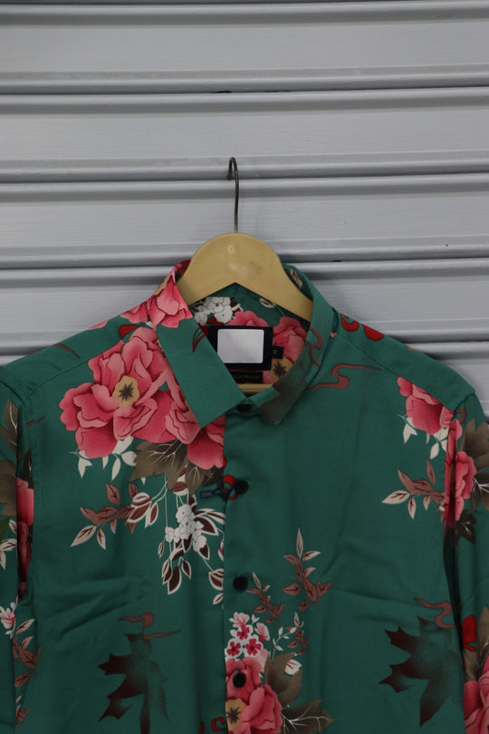 Men's Rose Floral Print Casual Shirt | Premium Full Sleeve Designer Shirt - Green – alternate view – 7MAN India