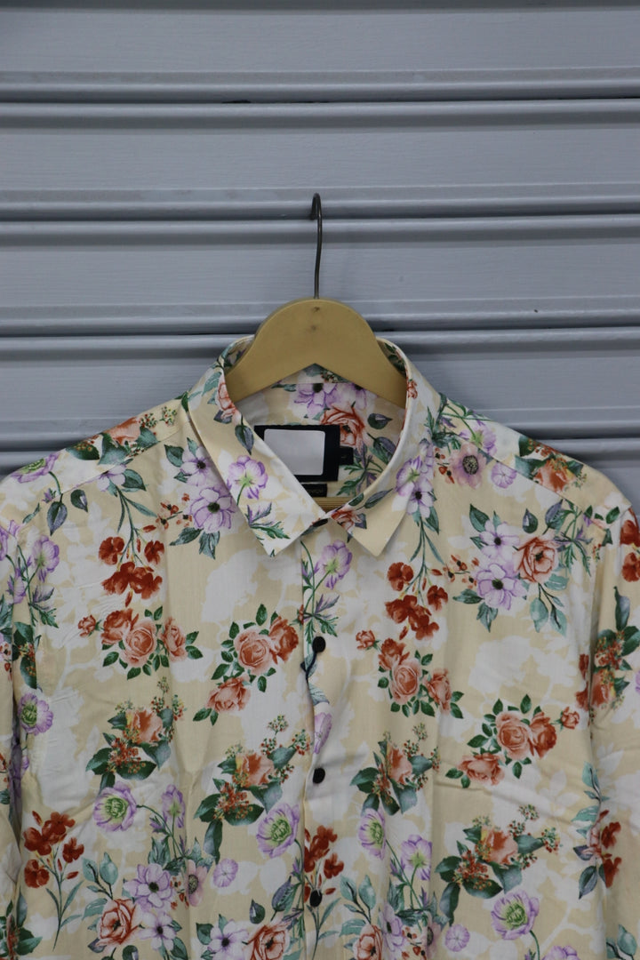 Men's Small Floral Print Casual Shirt | Premium Full Sleeve Designer Shirt - Cream