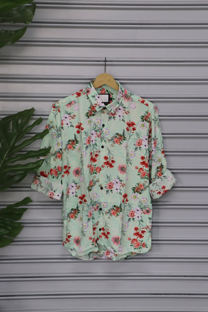 Men's Small Floral Print Casual Shirt | Premium Full Sleeve Designer Shirt - Green