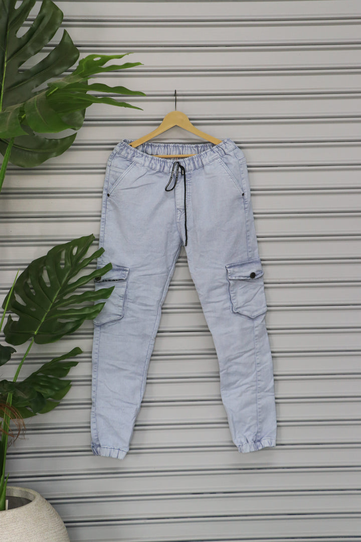 Men's Denim Cargo Jogger Pant | Premium Stretch Cargo Jeans- Light Blue