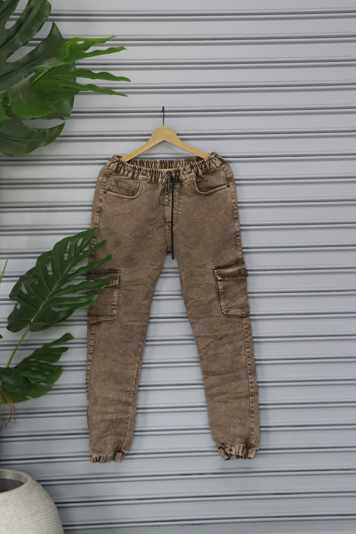 Men's Denim Cargo Jogger Pant | Premium Stretch Cargo Jeans- Brown