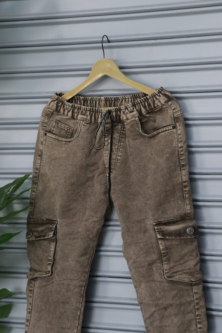 Men's Denim Cargo Jogger Pant | Premium Stretch Cargo Jeans- Brown