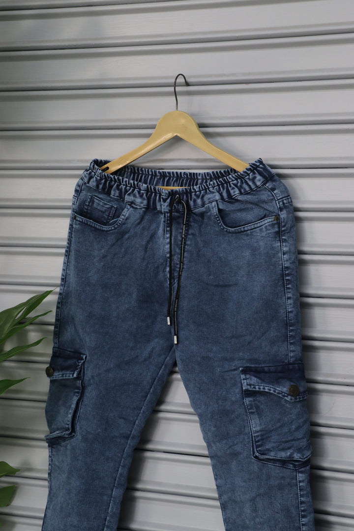 Men's Denim Cargo Jogger Pant | Premium Stretch Cargo Jeans- Dark Blue