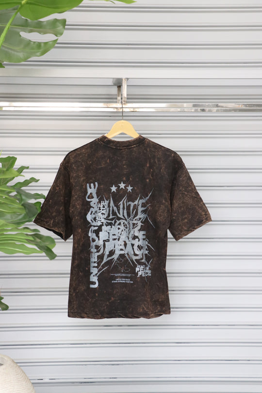 Men's Acid Wash Oversized T-Shirt | PEACE Printed Tshirt - Dark Brown – alternate view – 7MAN India