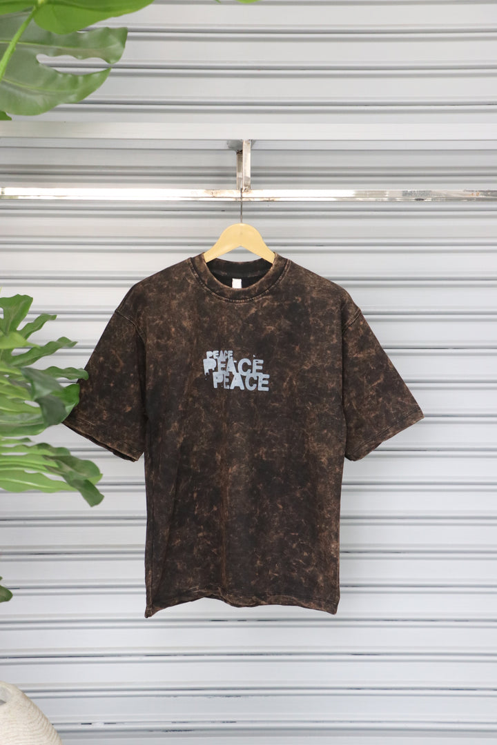 Men's Acid Wash Oversized T-Shirt | PEACE Printed Tshirt - Dark Brown