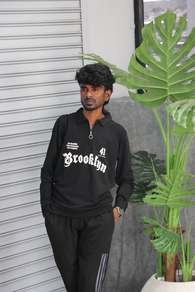 Men's Graphic BRROKLNN Printed Full Sleeve-Zip Sweatshirt | Streetwear Style - Black