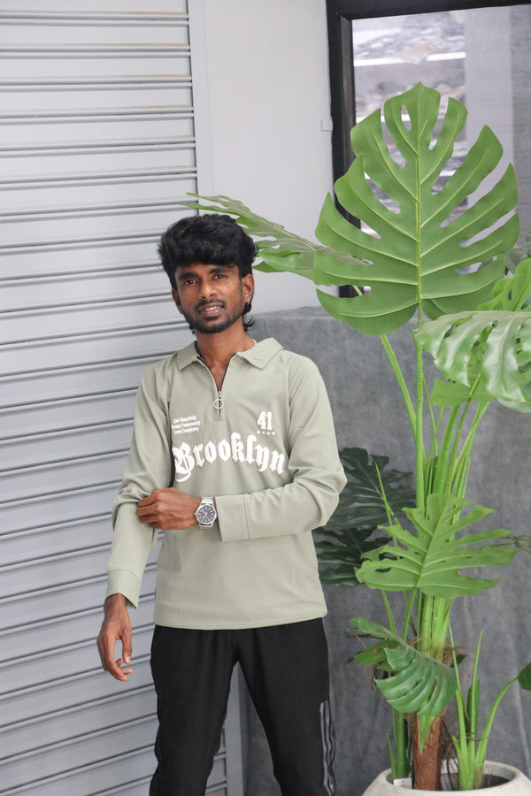 Men's Graphic BRROKLNN Printed Full Sleeve-Zip Sweatshirt | Streetwear Style - Pista Green