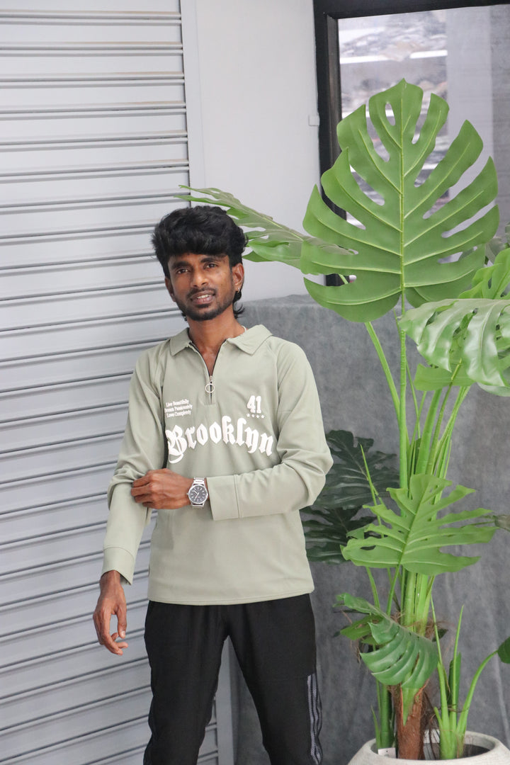 Men's Graphic BRROKLNN Printed Full Sleeve-Zip Sweatshirt | Streetwear Style - Pista Green