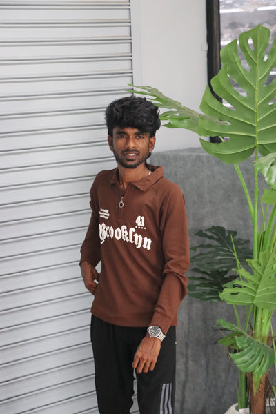 Men's Graphic BRROKLNN Printed Full Sleeve-Zip Sweatshirt | Streetwear Style - Brown